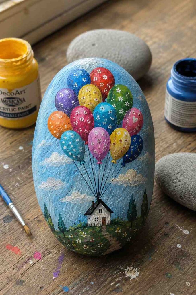 Whimsical-Balloon-Cottage-Painted-Rock Whimsical Balloon Cottage Painted Rock