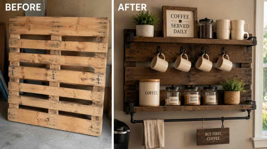 25 Waste Material DIY Projects That Look Surprisingly Expensive 9 Wooden Pallet → Rustic Coffee Bar Shelf