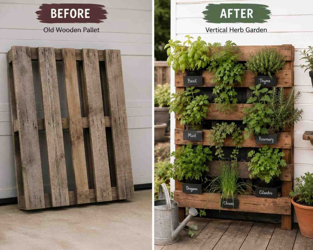 Wooden-Pallet-→-Vertical-Herb-Garden Wooden Pallet → Vertical Herb Garden