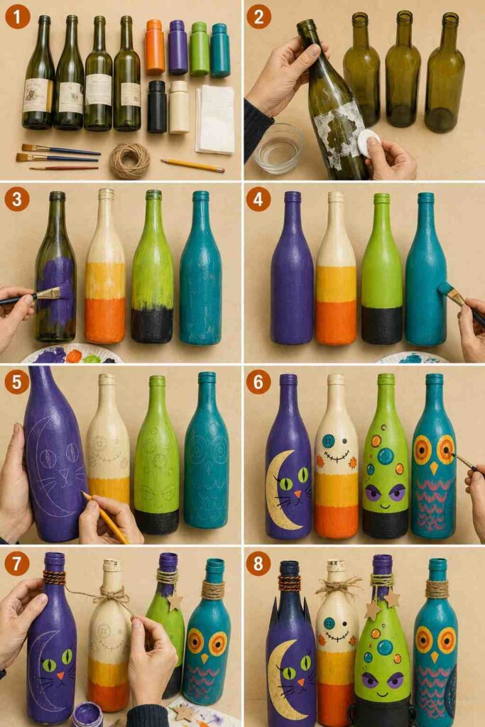 Easy Halloween Crafts to Make Your Home Feel Cozy & Magical 12 DIY Halloween Painted Wine Bottles