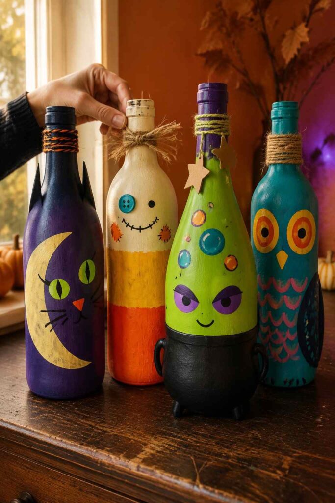 Easy Halloween Crafts to Make Your Home Feel Cozy & Magical 11 DIY Halloween Painted Wine Bottles