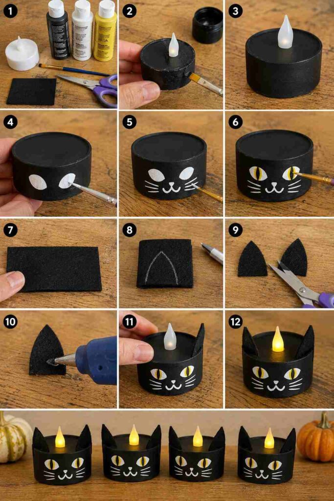 Easy Halloween Crafts to Make Your Home Feel Cozy & Magical 8 Halloween Black Cat Tea Lights