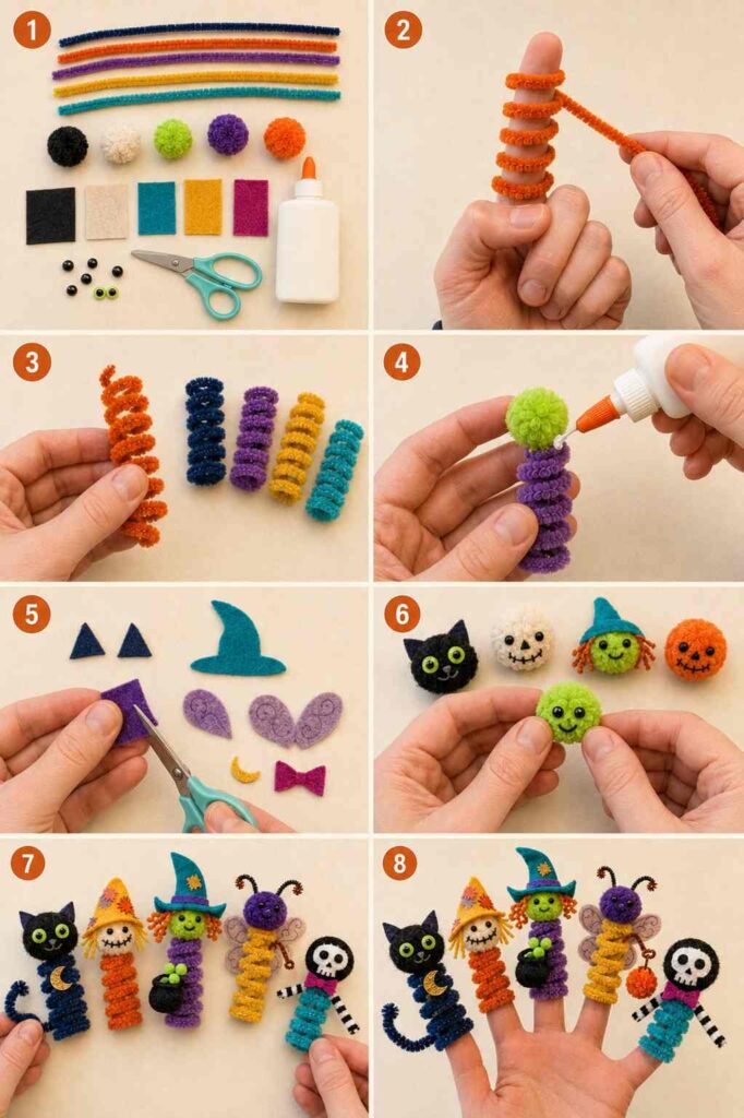 Easy Halloween Crafts to Make Your Home Feel Cozy & Magical 10 Pipe Cleaner Halloween Finger Puppets