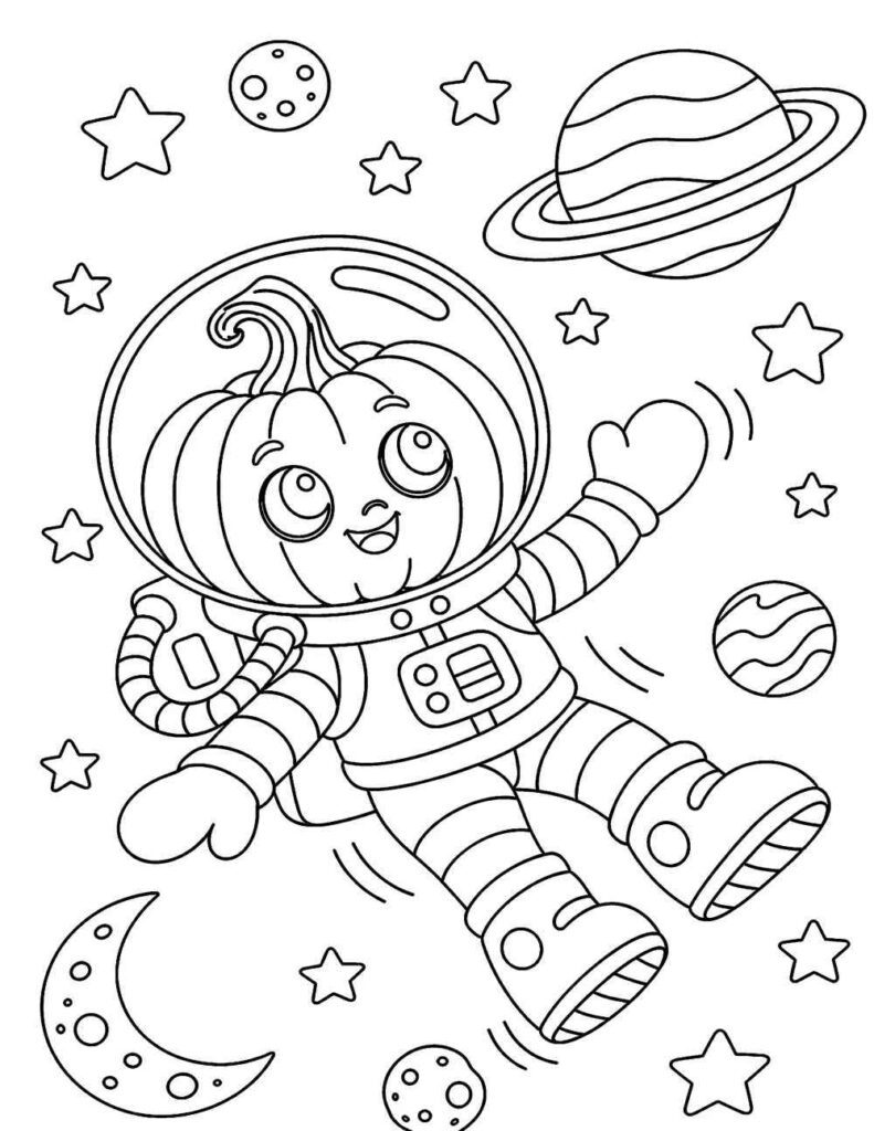 Astronaut pumpkin in space coloring page