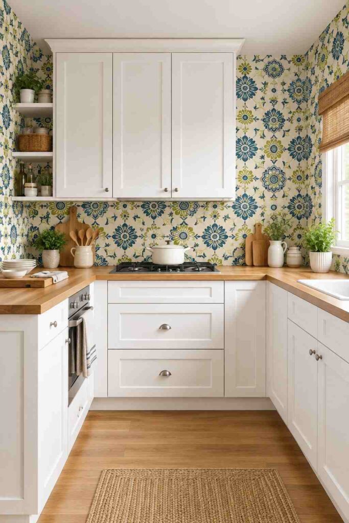 Beige Botanical Wallpaper for a Warm Kitchen