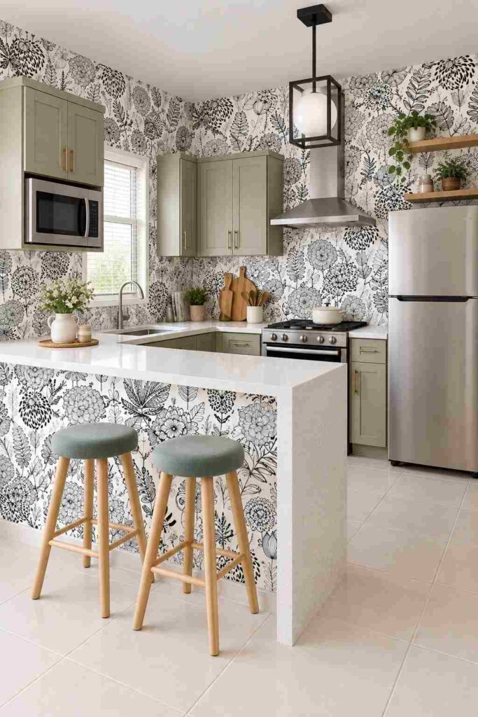 Black and White Floral Kitchen Wallpaper