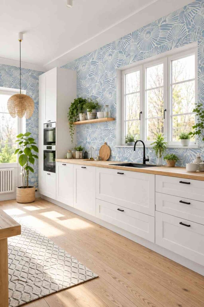 Blue and White Geometric Kitchen Wallpaper