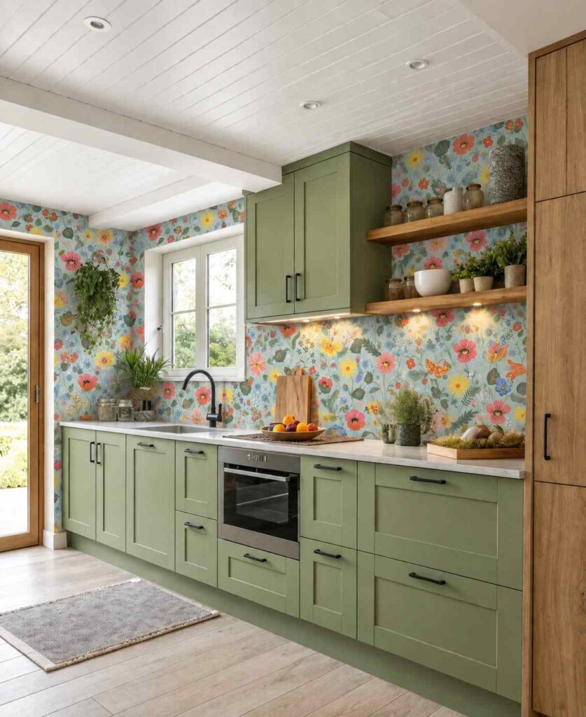 Cheerful Blue Wildflower Kitchen Wallpaper
