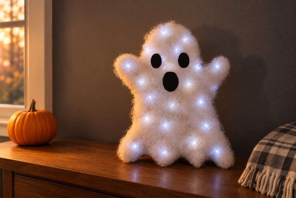 DIY glowing ghost lamp displayed with a pumpkin in a cozy Halloween home