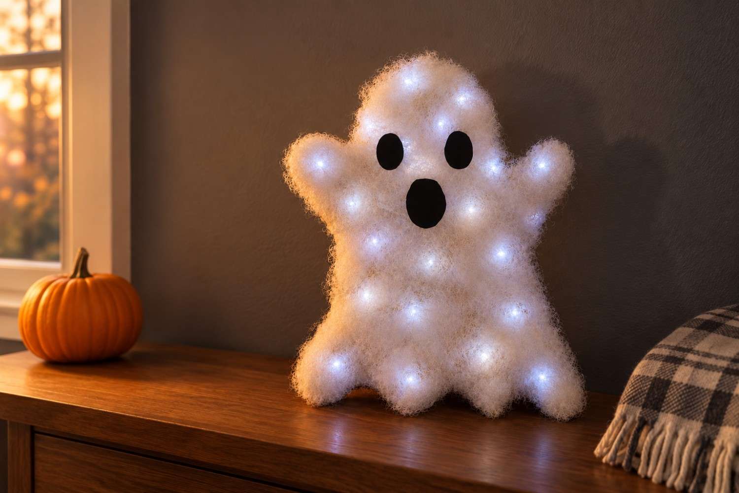 DIY glowing ghost lamp displayed with a pumpkin in a cozy Halloween home