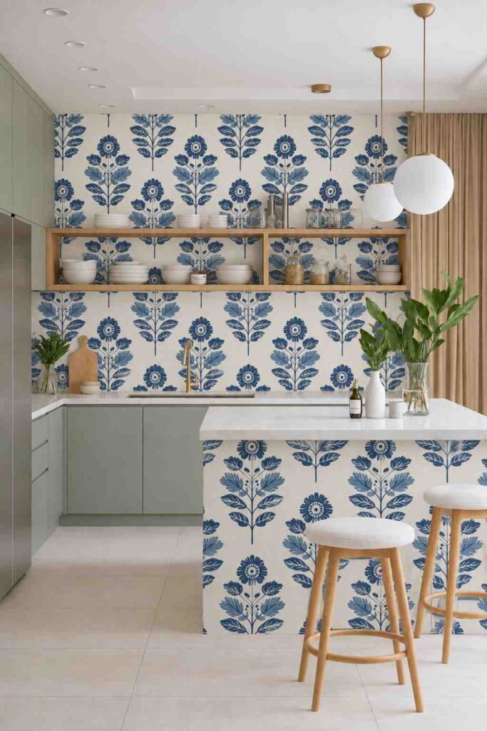 Indigo Blue Folk Floral Peel-and-Stick Wallpaper