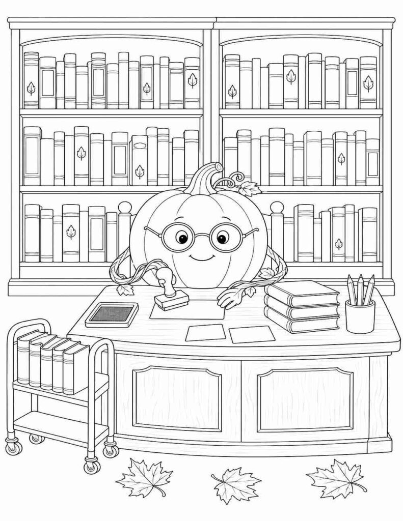 Librarian pumpkin coloring page printable