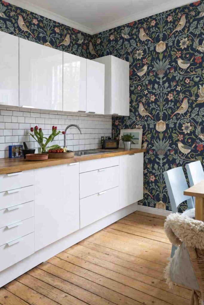 Navy Bird and Botanical Kitchen Wallpaper