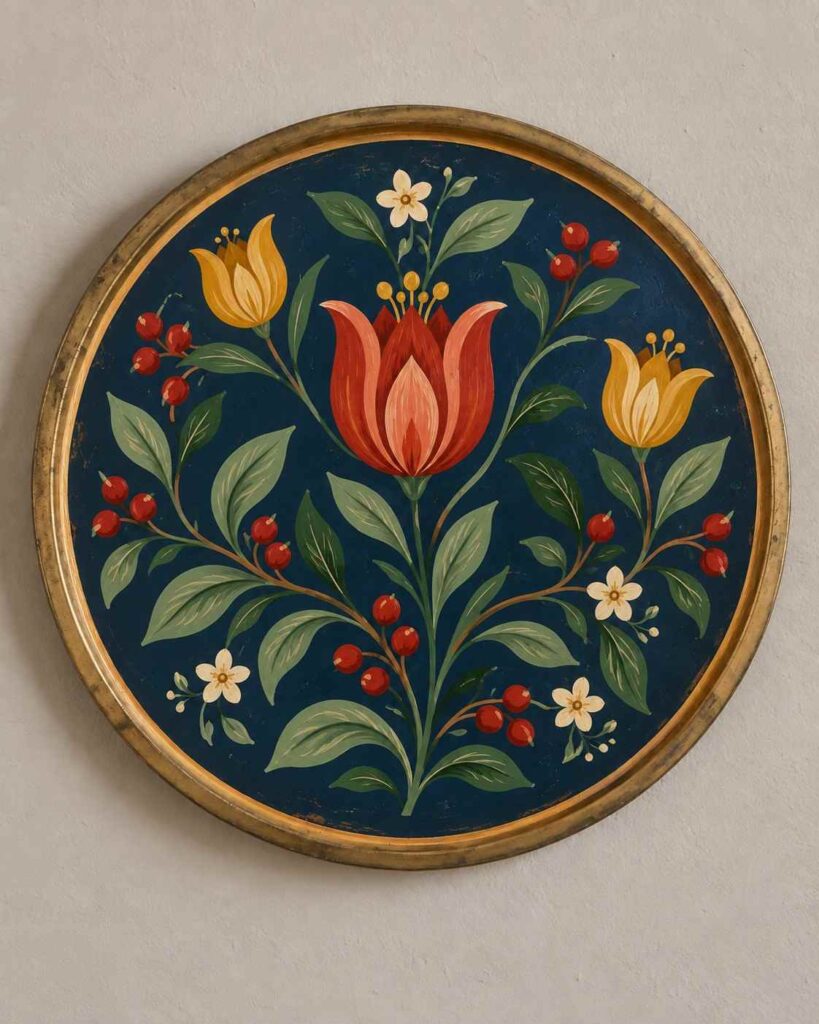 10 Hand-Painted Plate Ideas to Turn Thrift-Store Finds Into Colorful Wall Art 9 Painted Folk Flower Tray