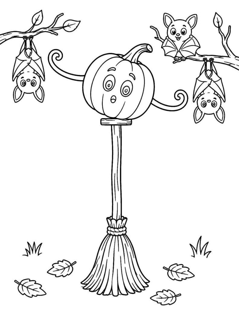 Pumpkin balancing on broomstick coloring page