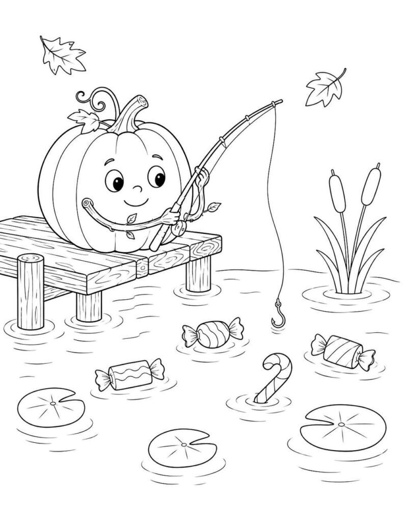 Pumpkin fishing for candy coloring page