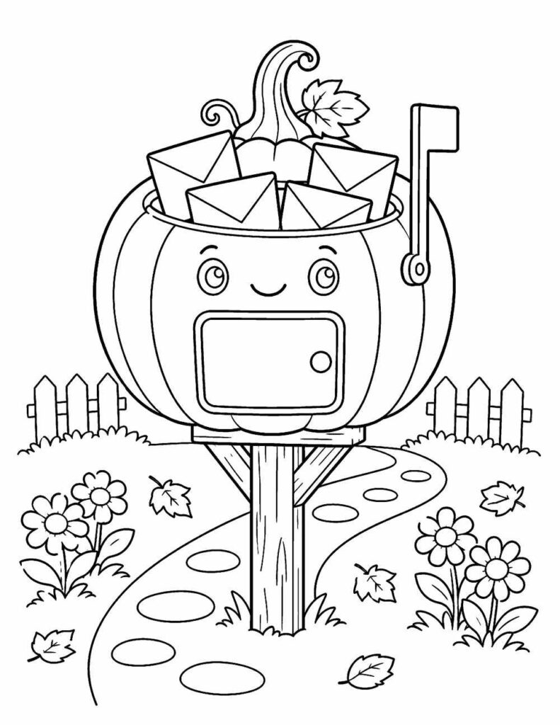Pumpkin mailbox coloring page for kids
