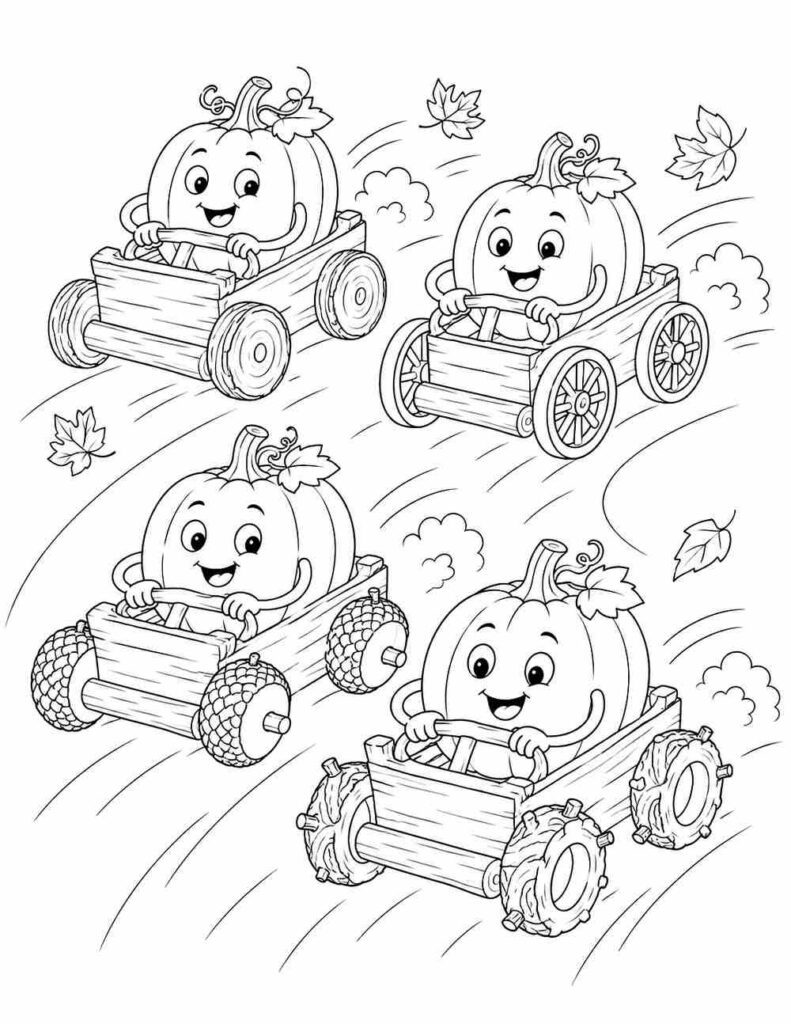 Pumpkin race coloring page for kids