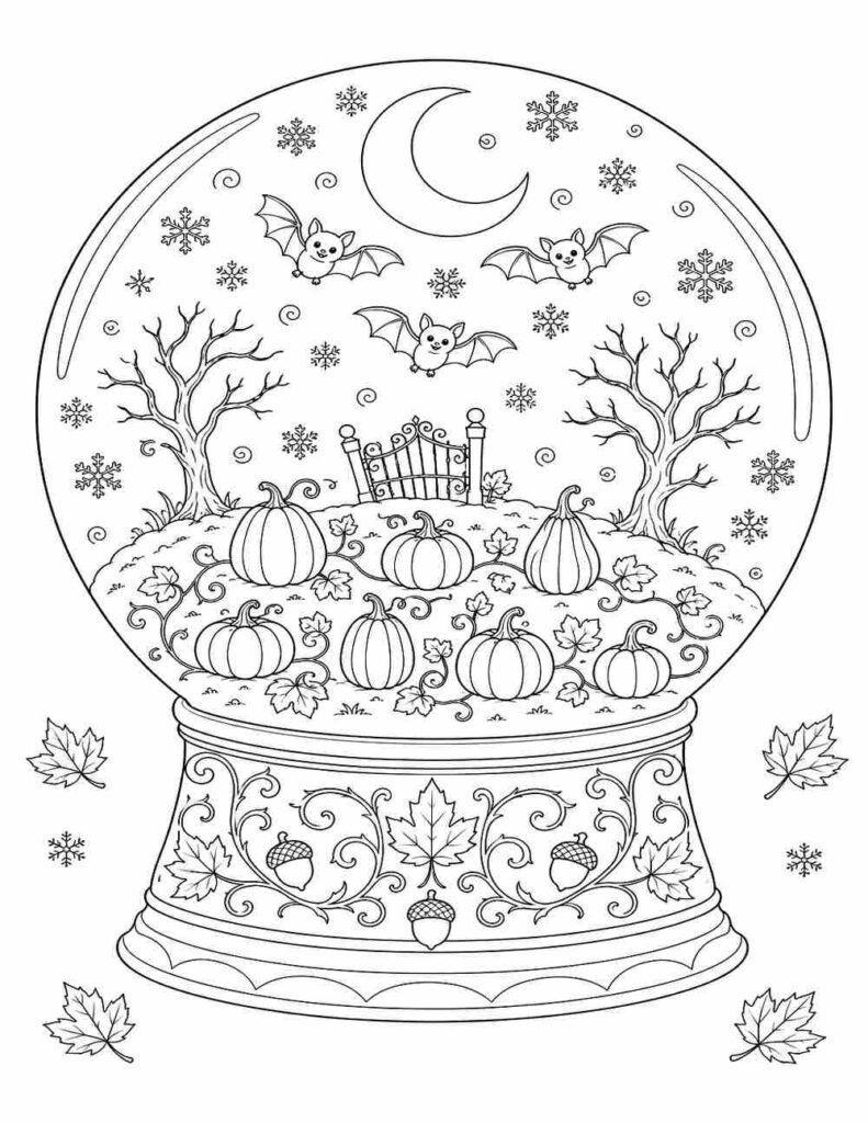 Pumpkin snow globe coloring page free printable