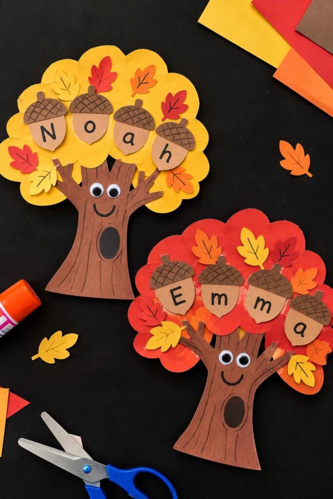 21 Easy & Creative Fall Crafts for Kids to Make at Home 6 Autumn Acorn Name Trees-