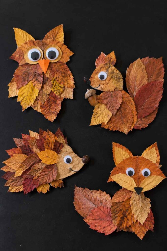 21 Easy & Creative Fall Crafts for Kids to Make at Home 4 2. Easy Autumn Leaf Animals for Kids
Turn colorful fall leaves into cute woodland animals like owls, foxes, and hedgehogs. This simple nature craft lets kids explore autumn colors while creating their own little leaf creatures.
Materials Needed
- Dry autumn leaves in different shapes and colors
- White paper or cardstock for the base
- Googly eyes or small paper circles
- Glue stick or craft glue
- Small pieces of orange, brown, and black paper
- Child-safe scissors
How to Make It
1. Collect colorful fallen leaves and gently press them inside a book until they flatten.
2. Choose a large leaf for the animal’s body and arrange smaller leaves around it for ears, wings, or a bushy tail.
3. Glue the leaves onto white cardstock to hold the design together.
4. Add paper eyes, a small nose, and a beak or mouth to turn the leaves into an owl, fox, or hedgehog.
Quick Tip: Try overlapping leaves in different autumn shades to give each animal a unique, handmade look.
