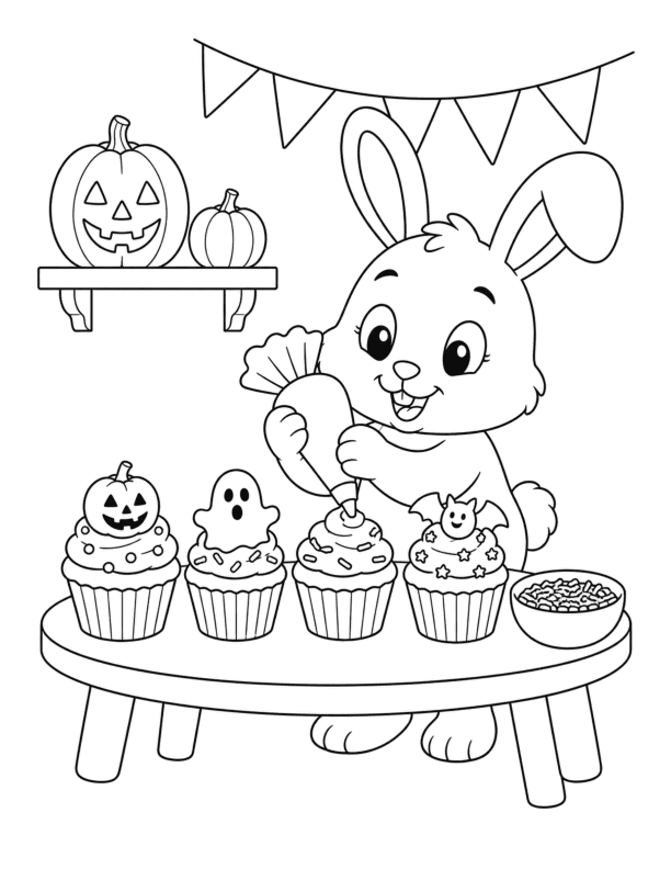 60 Free Printable Halloween Animal Coloring Pages for Kids 7 Bunny Decorates Halloween Cupcakes