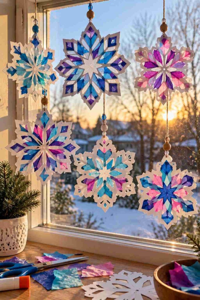 20 Easy Winter Paper Crafts to Make at Home (Fun & Simple Ideas) 6 Colourful Snowflake Suncatchers at Sunset-