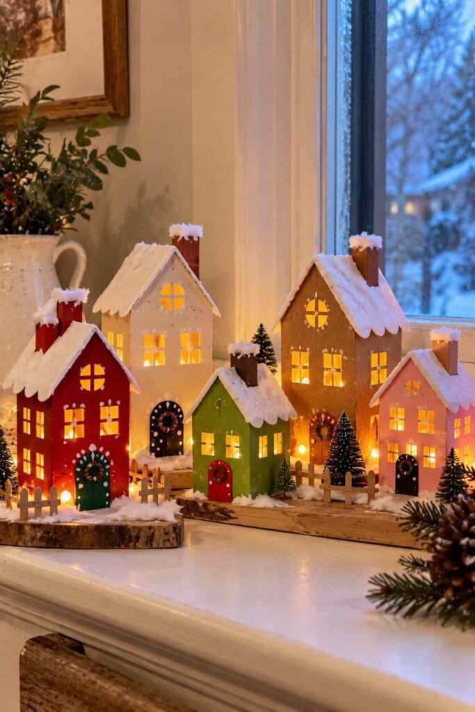 20 Easy Winter Paper Crafts to Make at Home (Fun & Simple Ideas) 9 ## 7. Glowing Paper Winter Village Lanterns Create a charming little winter village using paper houses and warm LED tea lights. This craft makes a cozy decoration for a mantel or windowsill. **Materials** - White and colored cardstock - Scissors and glue - Pencil and ruler - Black marker - Battery-operated LED tea lights **How to Make Them** 1. Cut cardstock into rectangles and fold them into small box-shaped houses. 2. Cut tiny windows and doors into each house. 3. Add folded paper roofs, chimneys, and simple snowy details. 4. Arrange the houses together on a tray or shelf. 5. Place battery-operated LED tea lights behind the houses to create a warm glow. **Tip:** Use white paper for a snowy village or kraft paper for a rustic look. Never use real candles with paper crafts.