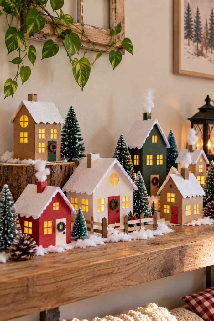 20 Easy Winter Paper Crafts to Make at Home (Fun & Simple Ideas) 19 ## 17. 3D Paper Winter Village Houses
Make a tiny winter village using folded paper houses, snowy roofs, and miniature evergreen trees. These little decorations look lovely on a shelf or windowsill.
**Materials**
- White, brown, and colored cardstock
- Scissors and glue
- Pencil and ruler
- White paper scraps
- Markers
**How to Make Them**
1. Cut cardstock into rectangles and fold each piece into a simple box-shaped house.
2. Glue the edges together and add a triangular paper roof.
3. Cut tiny windows and doors from contrasting paper.
4. Add white paper along the roofs and around the houses to create snow.
5. Arrange the houses with small paper trees to make your own winter village.
**Tip:** Use different house heights and colors to make your village look more interesting.