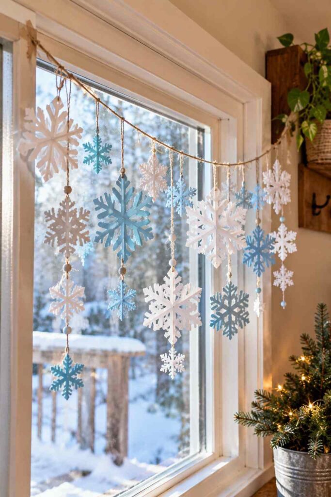 20 Easy Winter Paper Crafts to Make at Home (Fun & Simple Ideas) 18 ## 16. Paper Snowflake Window Garland Decorate a window or doorway with a simple garland of handmade paper snowflakes. This budget-friendly winter craft is easy to customize with different shapes and colors. **Materials** - White, pale blue, and silver paper - Scissors - String or thread - Tape or glue **How to Make It** 1. Fold white paper into small squares or triangles. 2. Cut tiny shapes along the folded edges to create snowflakes. 3. Carefully unfold each snowflake and flatten it. 4. Attach the snowflakes to a length of string using tape or glue. 5. Hang the garland across a window, doorway, or bedroom wall. **Tip:** Mix large and small snowflakes and leave uneven gaps for a relaxed, handmade look.