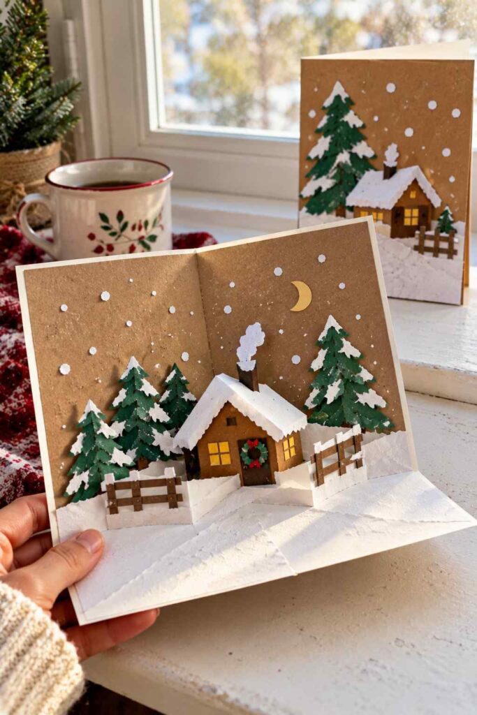 20 Easy Winter Paper Crafts to Make at Home (Fun & Simple Ideas) 17 ## 15. Pop-Up Winter Cabin Greeting Cards Make a sweet winter greeting card with a tiny paper cabin that pops up when you open it. This handmade card is perfect for sending warm wishes to friends and family. **Materials** - White and blue cardstock - Brown, green, and red construction paper - Scissors and glue - Pencil and markers **How to Make It** 1. Fold a piece of cardstock in half to make your card. 2. Cut two short parallel slits along the fold and push the tab inward. 3. Cut a small cabin from brown paper and glue it onto the tab. 4. Add a white paper roof, tiny windows, trees, and snowy details. 5. Open and close the card gently to check that the cabin pops forward. **Tip:** Keep the cabin small and lightweight so the pop-up tab works properly.