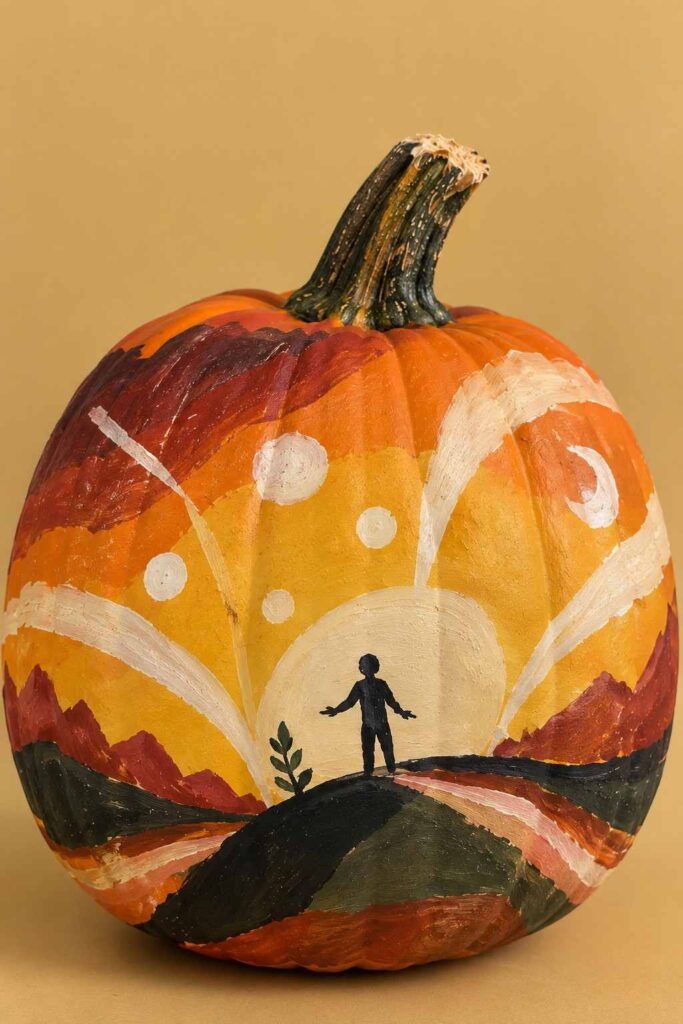 25 Easy Pumpkin Painting Ideas That Look Beautiful 16 Dreamy Sunset Landscape Pumpkin