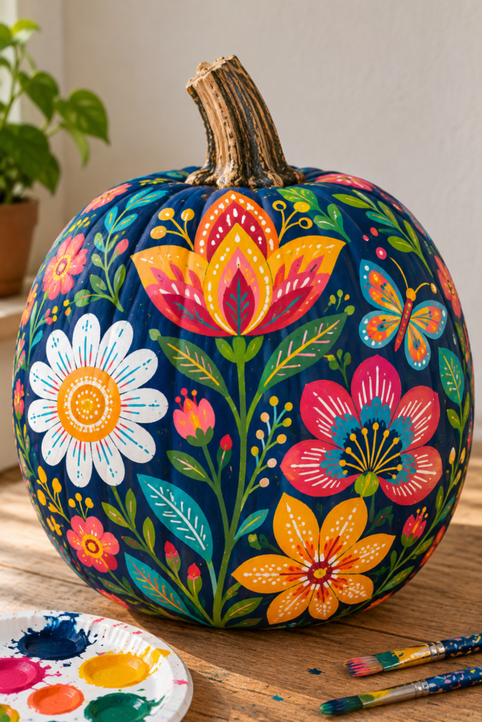 25 Easy Pumpkin Painting Ideas That Look Beautiful 5 Colorful Folk-Art Floral Pumpkin