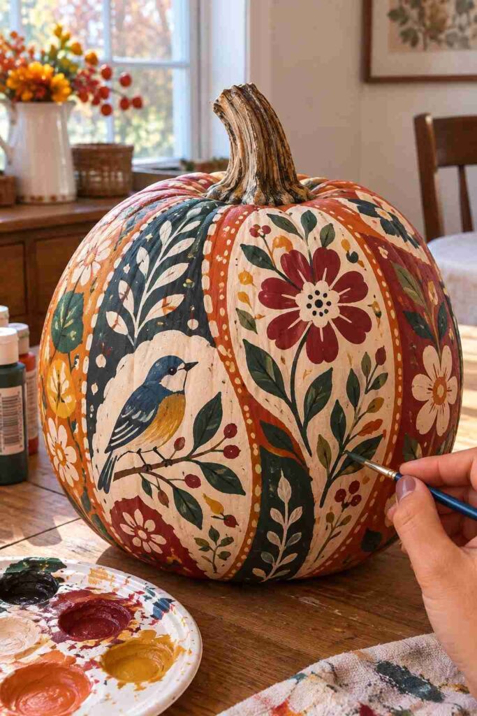 25 Easy Pumpkin Painting Ideas That Look Beautiful 24 Folk-Art Garden Pumpkin