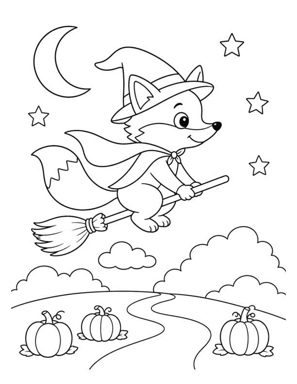 60 Free Printable Halloween Animal Coloring Pages for Kids 6 Fox Rides a Broom