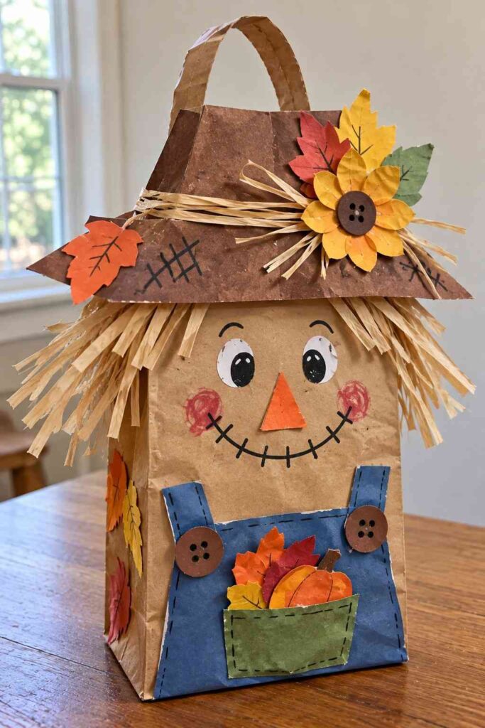 21 Easy & Creative Fall Crafts for Kids to Make at Home 15 13. Unique Paper Bag Scarecrow Craft for Kids Turn an ordinary brown paper bag into a cute little fall scarecrow! With a floppy patchwork hat, messy straw hair, a funny face, and a tiny pumpkin pocket, this craft makes a lovely Thanksgiving decoration for kids. Materials Needed: - Brown paper lunch bag - Brown, blue, green, orange, and yellow construction paper - Raffia or thin paper strips - Glue stick - Child-safe scissors - Black marker - Small buttons (optional) How to Make It: 1. Loosely fill the bottom of the paper bag with crumpled paper so it can stand upright. 2. Cut a wide, floppy hat from brown paper. Add a few colorful paper patches and a sunflower. 3. Glue raffia or thin paper strips around the top and sides for messy scarecrow hair. 4. Draw the eyes, rosy cheeks, triangle nose, and a big stitched smile. 5. Cut blue paper for overalls and a small green pocket. Glue them onto the bag. 6. Add two paper buttons and tuck tiny paper pumpkins and leaves into the pocket. Quick Tip: Use leftover paper scraps for the hat and pocket decorations. Slightly uneven shapes give the scarecrow a charming handmade look.