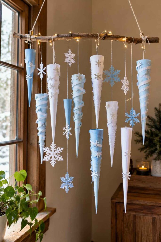 20 Easy Winter Paper Crafts to Make at Home (Fun & Simple Ideas) 15 ## 13. Hanging Paper Icicle Mobiles
Bring a wintery touch to your windows with these delicate paper icicles. They’re easy to make with white and light blue paper and look pretty hanging at different lengths.
**Materials**
- White and light blue paper
- Scissors and glue
- Pencil and ruler
- Thread or string
- A stick or wooden dowel
**How to Make Them**
1. Cut paper into long, narrow triangles of different lengths.
2. Fold or curl each piece slightly to give it dimension.
3. Add small white paper strips or snowflake cutouts for decoration.
4. Attach thread to the top of each icicle.
5. Tie the threads at different lengths along a stick and hang your mobile near a window.
**Tip:** Mix white, pale blue, and silver paper for a frosty winter look.