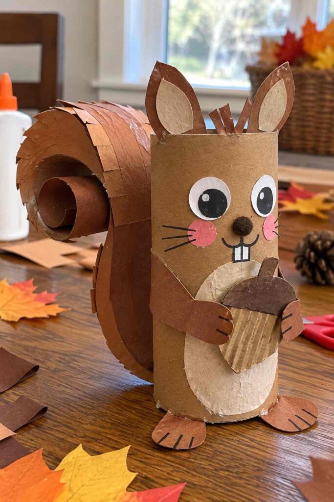 21 Easy & Creative Fall Crafts for Kids to Make at Home 17 15. Toilet Paper Roll Squirrel Craft for Kids
Turn an empty toilet paper roll into an adorable little squirrel holding an acorn! With a big curly tail, tiny ears, and a cute face, this recycled craft is perfect for fall and autumn nature activities.
Materials Needed:
- Empty toilet paper roll
- Brown and light brown construction paper
- Small piece of beige paper
- Brown felt or cardboard for the acorn
- Googly eyes or black paper
- Glue stick
- Child-safe scissors
- Black marker
How to Make It:
1. Cover the toilet paper roll with brown construction paper, then add a small beige paper belly.
2. Cut two little ears and glue them to the top. Add eyes, a nose, whiskers, and a smiling face.
3. Cut a long strip of brown paper, curl it around a pencil, and attach it to the back to make a bushy squirrel tail.
4. Cut two small paper arms and feet. Glue them onto the body.
5. Make a simple acorn using brown and beige paper, then glue it between the squirrel's hands.
Quick Tip: Let kids draw their own funny squirrel expressions and use leftover cardboard for the acorn.
