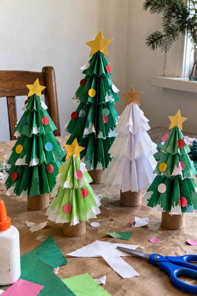20 Easy Winter Paper Crafts to Make at Home (Fun & Simple Ideas) 22 ## 20. Folded Paper Winter Trees
Make a little winter forest with folded paper trees in different sizes. This simple craft is a fun way to use leftover construction paper and create seasonal decorations.
**Materials**
- Green, white, or brown construction paper
- Scissors and glue
- Small cardboard pieces
- Pencil
**How to Make Them**
1. Fold a sheet of green paper back and forth like a fan.
2. Fold the accordion strip in half and glue the inner edges together.
3. Spread the outer folds to create a fan-shaped tree.
4. Attach a small cardboard trunk at the bottom.
5. Add tiny white paper pieces for snow and make more trees in different sizes.
**Tip:** Mix dark green, mint, and brown paper to create a forest with varied colors.