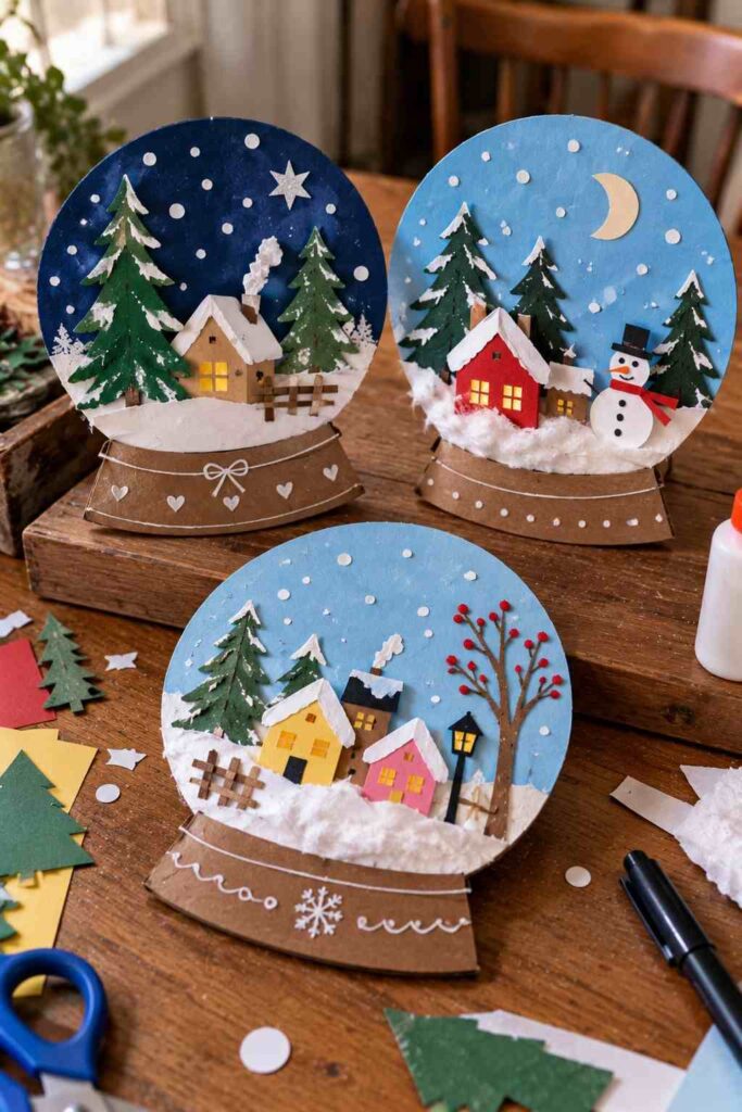 20 Easy Winter Paper Crafts to Make at Home (Fun & Simple Ideas) 14 ## 12. Cute Paper Snow Globe Collages Make a winter wonderland inside a paper snow globe! This easy craft lets kids create their own snowy scene with little houses, trees, and falling snow. **Materials** - Blue and white cardstock - Colored construction paper - Scissors and glue - Pencil and black marker - Cotton balls (optional) **How to Make It** 1. Draw a large circle on blue cardstock and cut it out. 2. Cut a small base from brown or colored paper and glue it beneath the circle. 3. Add paper houses, evergreen trees, and snowy hills inside the globe. 4. Cut tiny white paper circles and glue them around the scene like falling snow. 5. Add a few white details to the base and let everything dry. **Tip:** Use small paper scraps to create a colorful winter village without buying extra supplies.