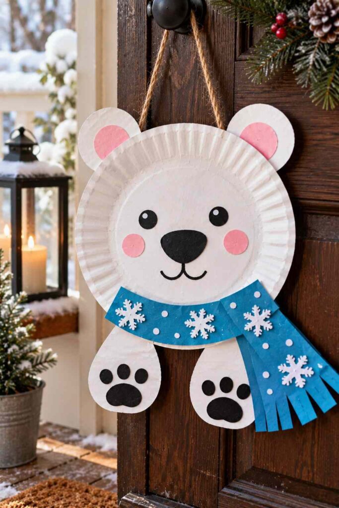 20 Easy Winter Paper Crafts to Make at Home (Fun & Simple Ideas) 21 ## 19. Paper Plate Winter Polar Bear Make an adorable polar bear using a paper plate and a few scraps of construction paper. This easy winter craft is perfect for kids and looks cute on a bedroom wall or classroom display. **Materials** - White paper plate - White, black, and blue construction paper - Scissors and glue - Black marker **How to Make It** 1. Cut two small white circles for the bear’s ears and glue them to the top of the plate. 2. Cut a black oval for the nose and glue it near the center. 3. Add two eyes and draw a simple curved mouth with a marker. 4. Cut small blue paper snowflakes and glue them around the bear on a blue background. 5. Let the glue dry before displaying your polar bear. **Tip:** Add a paper scarf in a bright color to give your bear a playful winter look.