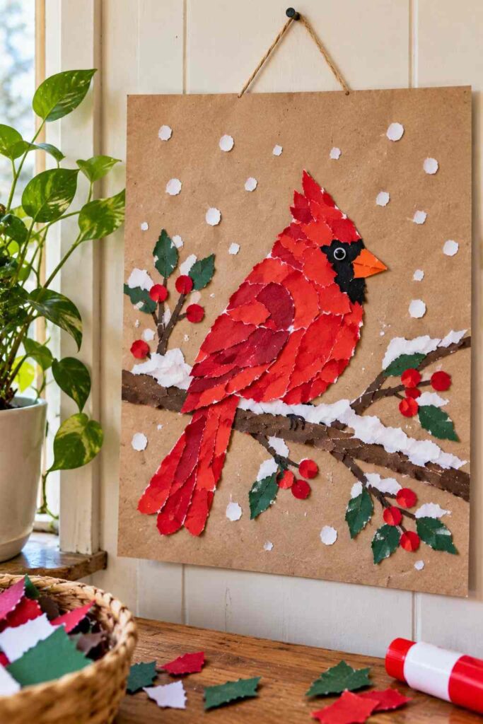 20 Easy Winter Paper Crafts to Make at Home (Fun & Simple Ideas) 16 ## 14. Torn-Paper Winter Cardinal Art Create a charming winter bird picture using torn paper instead of scissors. This easy craft uses simple paper scraps to make a bright red cardinal sitting on a snowy branch. **Materials** - Red, black, white, and brown construction paper - Blue cardstock for the background - Glue stick - Pencil **How to Make It** 1. Tear red paper into small pieces to form the cardinal’s body and head. 2. Arrange and glue the pieces onto blue cardstock. 3. Add black paper for the face mask, a small orange beak, and a white belly. 4. Glue brown paper strips underneath to create a branch. 5. Add torn white paper around the branch to look like snow. **Tip:** Let the torn edges show for a lovely handmade texture.