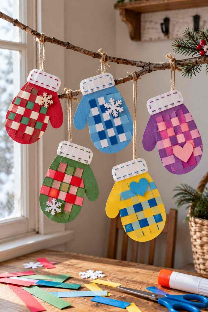 20 Easy Winter Paper Crafts to Make at Home (Fun & Simple Ideas) 8 6. Cozy Woven Paper Winter Mittens These colorful paper mittens are a fun winter craft for kids and make cute decorations for a snowy-day display. Materials - Colored construction paper - Scissors and glue - Pencil - Small paper scraps for decoration How to Make Them 1. Draw two mitten shapes on colored paper and cut them out. 2. Cut several short slits across the center of each mitten, leaving the edges intact. 3. Cut thin strips of contrasting paper and weave them over and under the slits. 4. Glue the strip ends to the back and trim any extra paper. 5. Add paper cuffs, dots, hearts, or snowflakes to decorate your mittens. Tip: Mix two or three winter colors to make each mitten stand out.