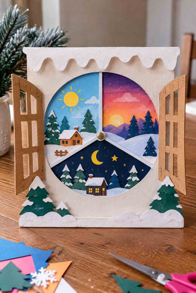 20 Easy Winter Paper Crafts to Make at Home (Fun & Simple Ideas) 3 Handmade Winter Window Wheel Diorama