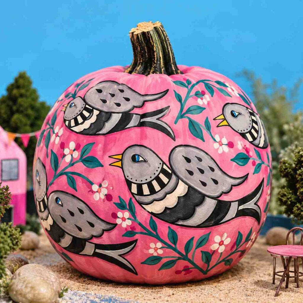 25 Easy Pumpkin Painting Ideas That Look Beautiful 7 Pink Bird Garden Pumpkin