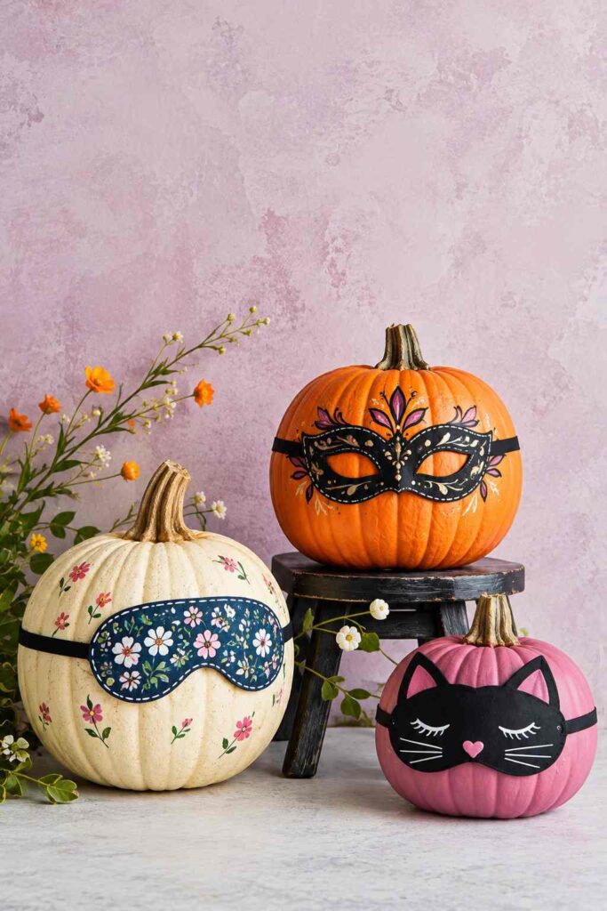 25 Easy Pumpkin Painting Ideas That Look Beautiful 4 Playful Masked Pumpkins