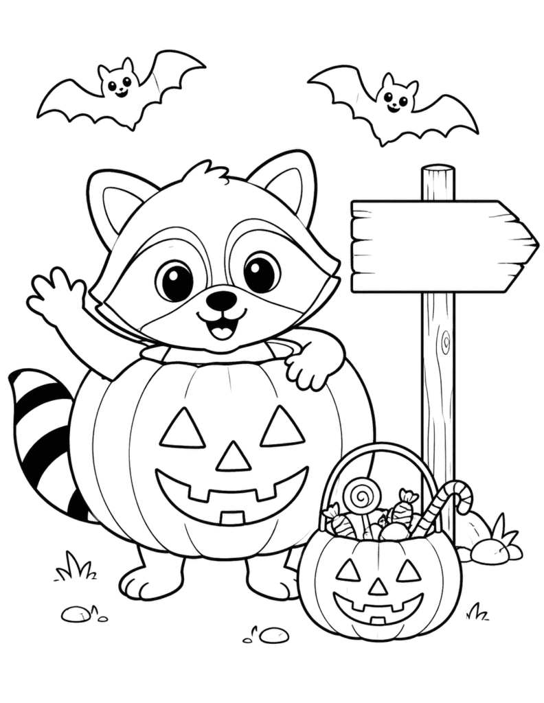 60 Free Printable Halloween Animal Coloring Pages for Kids 8 Raccoon Wears a Pumpkin Costume