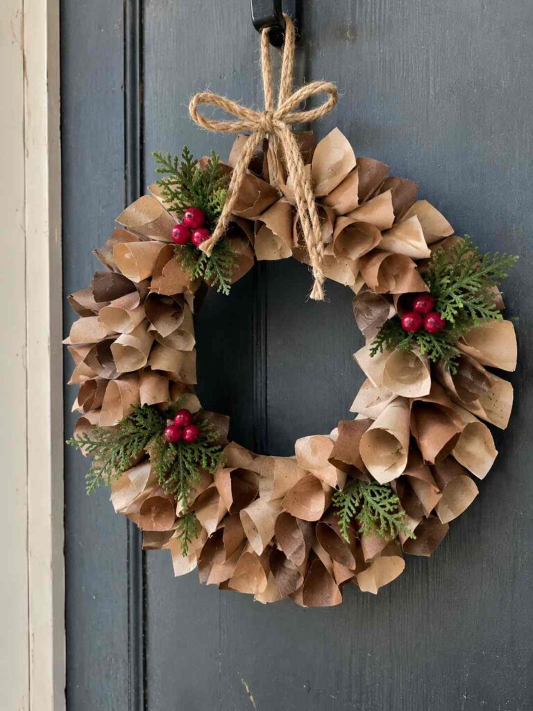 20 Easy Winter Paper Crafts to Make at Home (Fun & Simple Ideas) 11 ## 9. Rustic Rolled Paper Pinecone Wreath
Turn leftover paper into a charming winter wreath with rolled-paper pinecones. This craft adds a cozy, natural touch to a front door or wall.
**Materials**
- Brown kraft paper or cardstock
- Cardboard for the wreath base
- Scissors and glue
- Pencil
- Twine or ribbon
**How to Make It**
1. Cut brown paper into small squares and roll each piece into a cone.
2. Cut a cardboard ring for the wreath base.
3. Glue the paper cones around the ring, overlapping them slightly.
4. Add another layer of cones to create a fuller look.
5. Finish with a simple twine bow and let the glue dry before hanging.
**Tip:** Mix light and dark brown paper for a more natural pinecone effect.