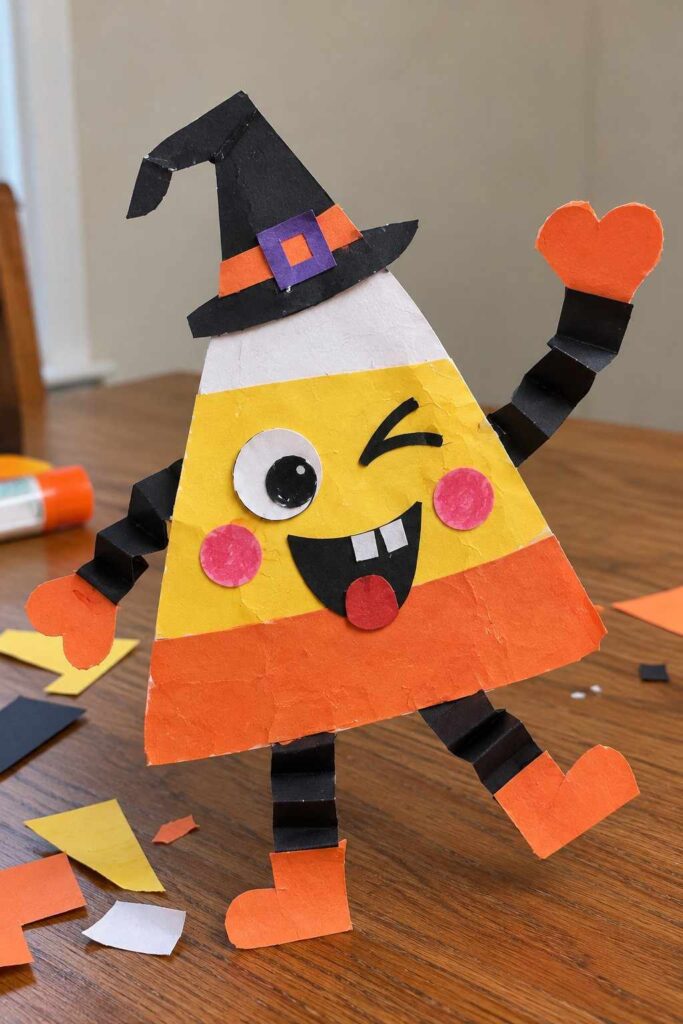 21 Easy & Creative Fall Crafts for Kids to Make at Home 16 14. Funny Candy Corn Witch Craft for Kids
Turn simple construction paper into a silly little Halloween character! This cute candy corn witch has a crooked black hat, a winking face, a big smile, and fun accordion-fold arms and legs. It's an easy paper craft that kids can make for Halloween decorations.
Materials Needed:
- White, yellow, orange, and black construction paper
- Purple and pink paper scraps
- Glue stick
- Child-safe scissors
- Black marker
How to Make It:
1. Cut a large triangle with slightly rounded corners for the candy corn body.
2. Add white paper at the top, yellow in the middle, and orange at the bottom.
3. Make a crooked witch hat from black paper and add a small purple buckle.
4. Fold thin black paper strips back and forth to create arms and legs. Glue them to the body and add orange paper hands and shoes.
5. Add one big eye, a winking eye, pink cheeks, and a funny smiling mouth.
Quick Tip: Let kids draw different silly expressions to give their candy corn witch a personality of its own.
