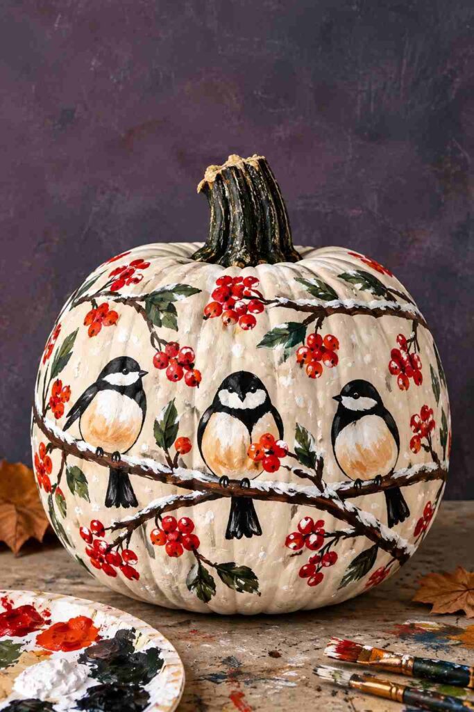 25 Easy Pumpkin Painting Ideas That Look Beautiful 6 Winter Birds and Berry Pumpkin